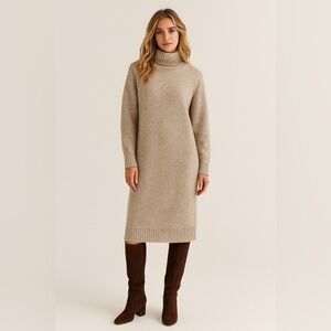 H&M Turtleneck Long Sleeve Sweater Dress Oversized Long Sleeve Neutral Tan sz XS